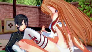 Kirito yn cael blowjob o Asuna, yna fucks ei caled ar y gwely.